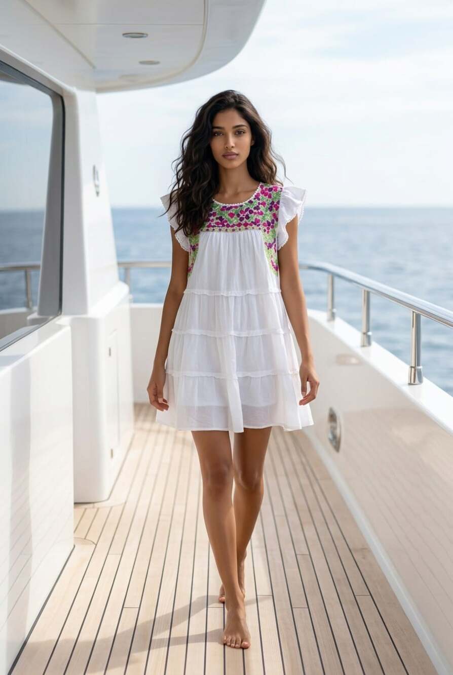 J. Marie Floral Embroidery White Tiered Mini Dress Fluttery Ruffle Boho Coquette